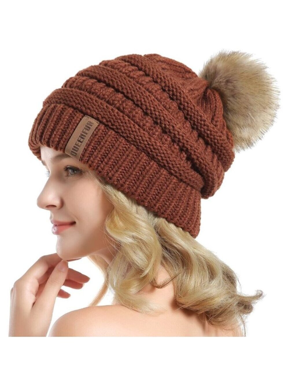 Women Rust Soft Acrylic Thick Baggy Knit Winter Faux Fur Pompom Beanie